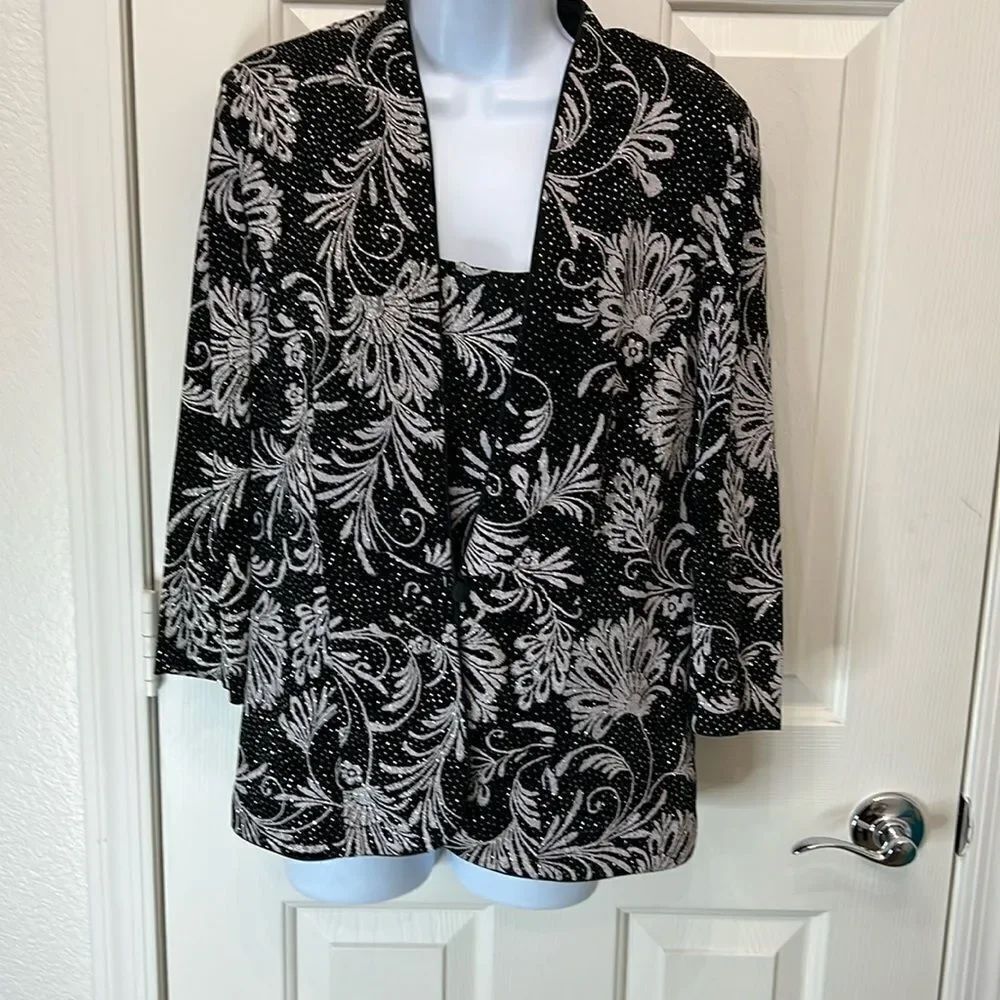 Alex Evening Twin Set Sz Large Diamond Glitter Scoop Neck Tank 3/4 Sleeve Jacket